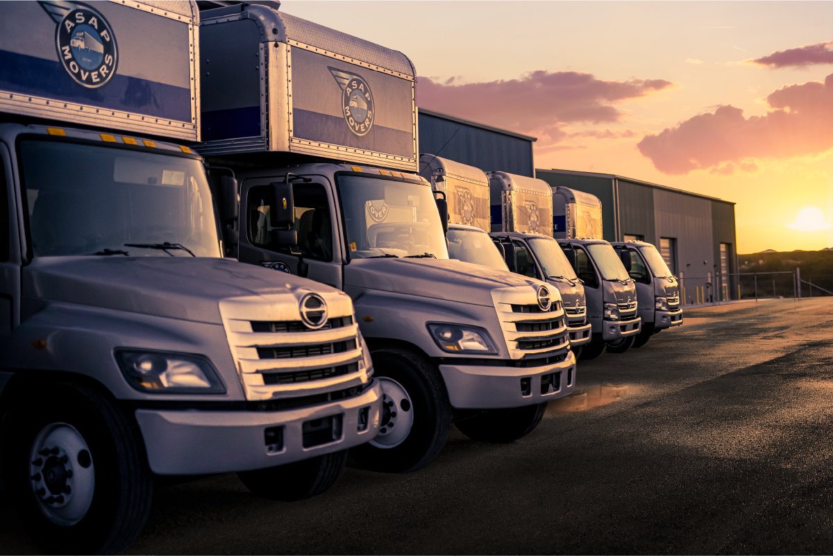 Hino trucks lined up outside facing the sunset